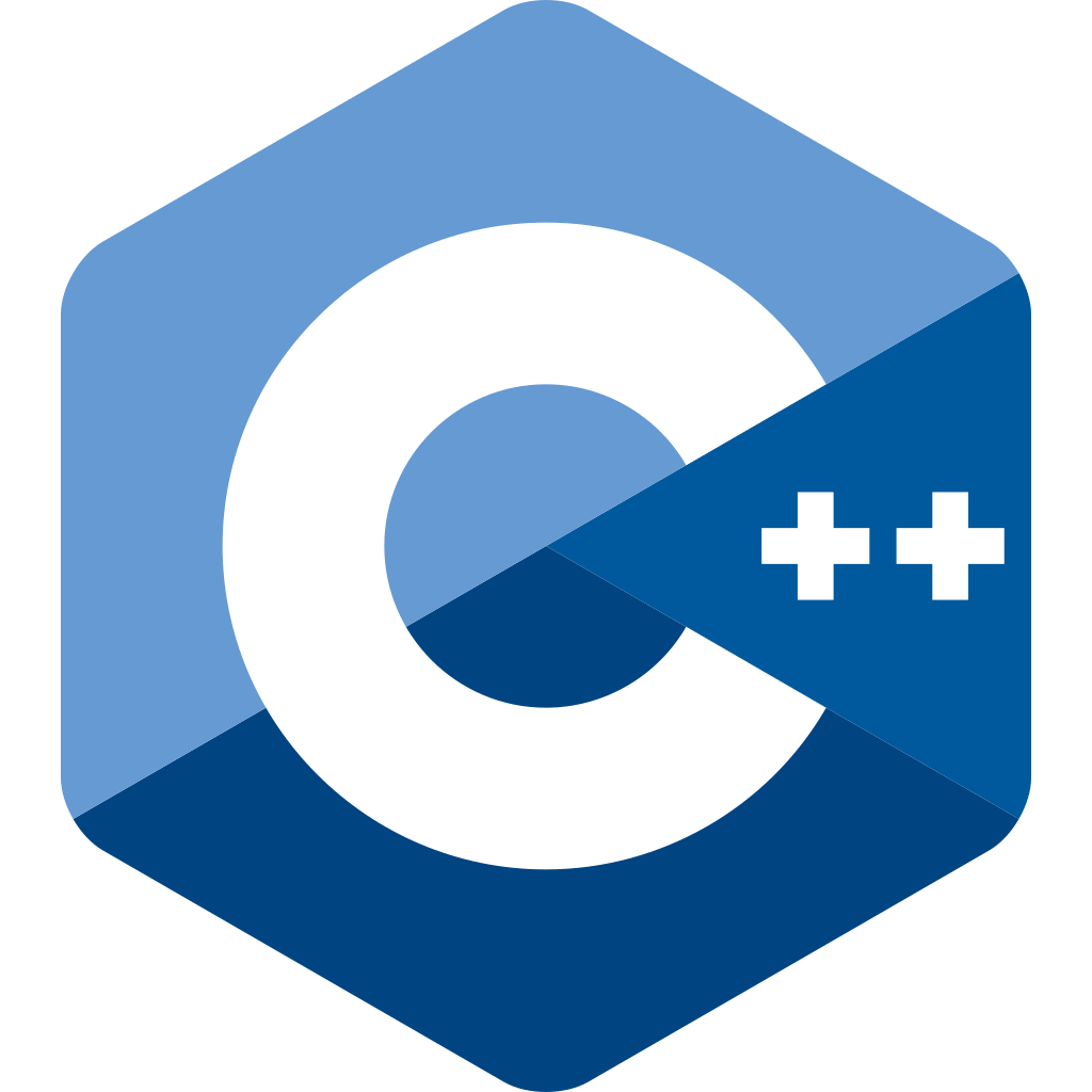 C++ programming language logo, white text 'C++' in shaded blue hexagon